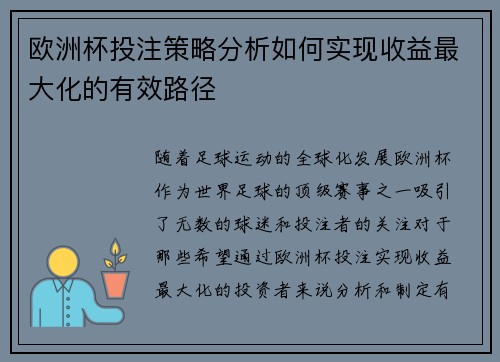 欧洲杯投注策略分析如何实现收益最大化的有效路径